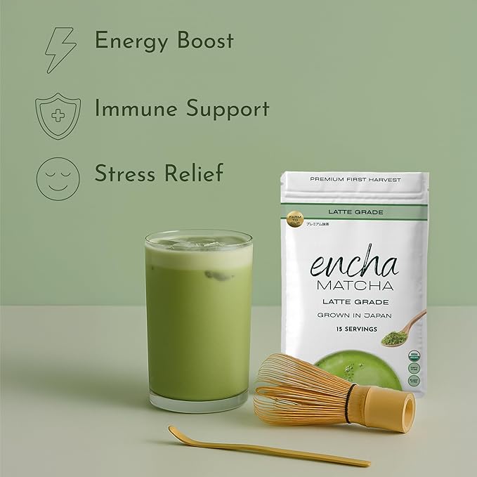 Encha Latte Grade Matcha Powder - First Harvest Organic Unsweetened Matcha Green Tea, From Uji, Japan (30G/1.06 Ounce) Premium Powder for matcha latte, smoothie | Caffeine, L-Theanine