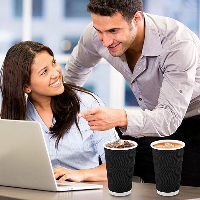Lamosi Disposable Coffee Cups 16 OZ 500 Pack, Paper Coffee Cups 16 OZ for Hot Drinks or Cold Beverages, Insulated Corrugated Ripple Wall Cup No Lids for Office, Cafe, Home or Travel (Black)