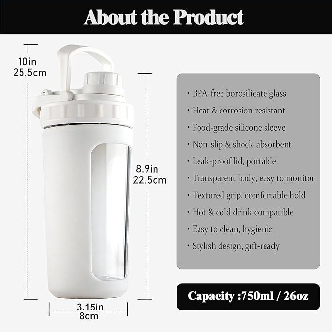 BYLWORKOUT Glass Shaker Bottle Holds upto 28oz | No Blending Ball or Whisk | Removable Plastic Mixer Included | Portable Drink Water Bottle Glass with Silicone Sleeve (White)