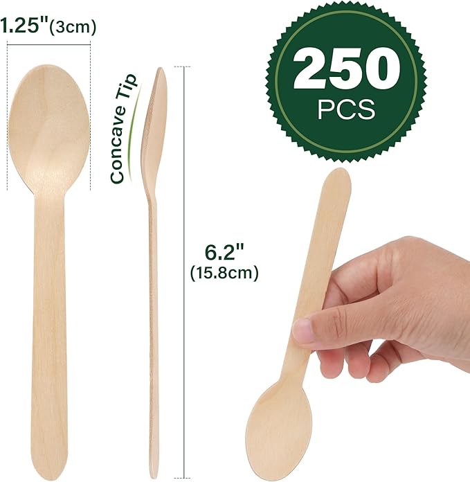 LotFancy Disposable Wooden Spoons, 250Pcs 6.25 inch Wood Cutlery Spoons, Biodegradable Compostable Eco-friendly Birchwood Sampling Tasting Spoons