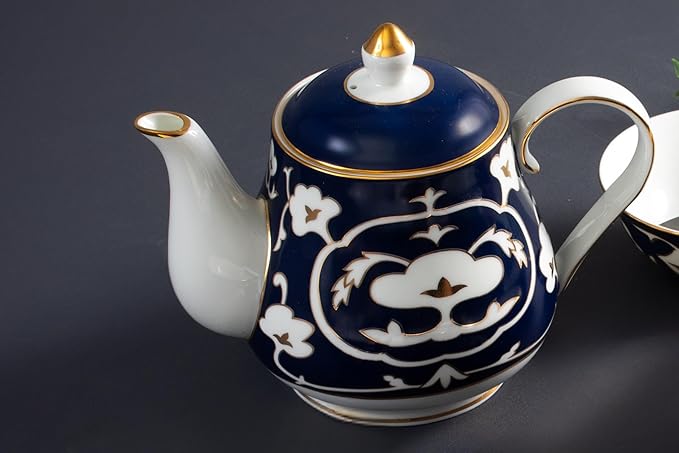 Blue and White Tea Pot - 28 oz. Bone China Teapot with White Vintage Design - Elegant Tea Serving Pot for Kitchen and Gift for Women, Men, Adults and Tea Lovers (Teapot)