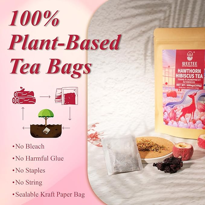 WT WEETEE Hawthorn Hibiscus Tea Bags 50 Count, Pure Made of Hibiscus, Hawthorn Berries & Leaves, Natural Caffeine-free Herbal Tea for Heart