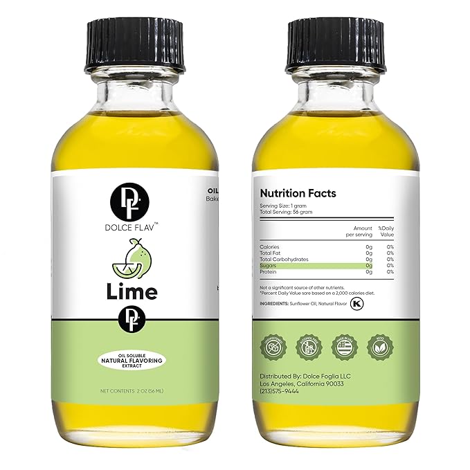 Dolce Flav Natural Lime Extract – 2 Ounce Oil-Soluble Kosher, Sugar-Free, Concentrated Citrus Lime Flavor for Candy, Chocolates & Desserts, Includes Measured Dropper, Pack of 2