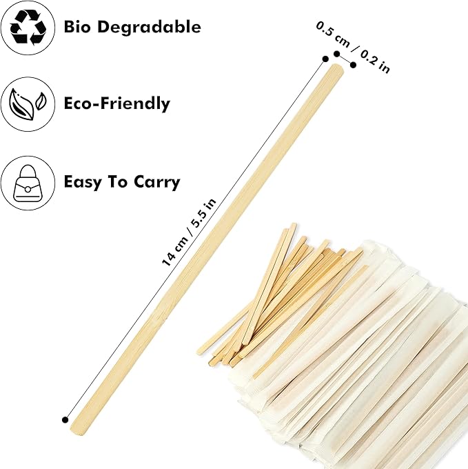 500pcs Bamboo Coffee Stirrers Individually Wrapped, 5.5 Inch Disposable Wood Swizzle Stick Beverage Mixer, Eco Friendly Long Wood Stir Sticks for Mixing Cocktail Hot Chocolate Drinking Tea