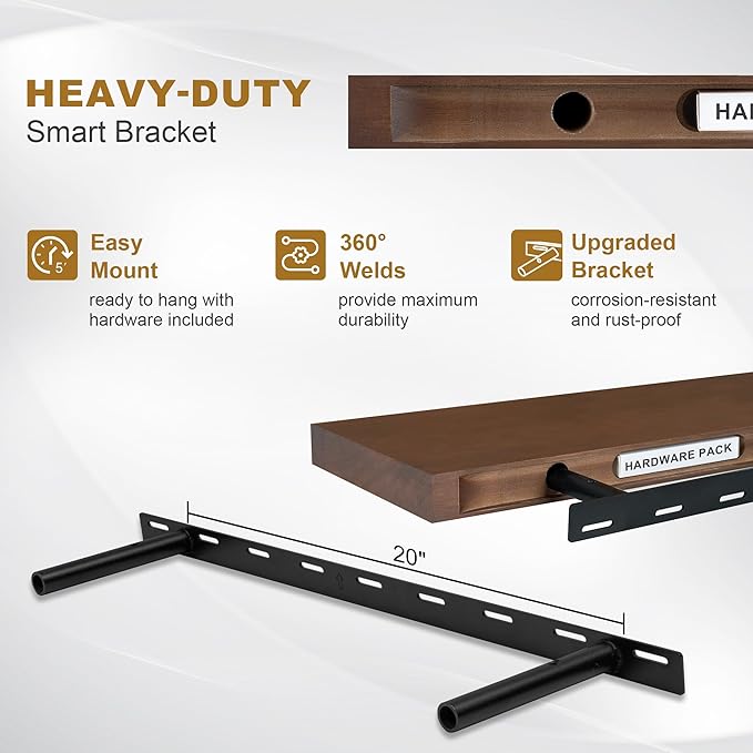 Fun Memories Floating Shelves, 9.3'' Deep Solid Pine Wood Wall Shelves for Storage, Wall Mounted Display Shelf with Invisible Heavy-Duty Metal Bracket, 36'' Width Set of 2, Walnut