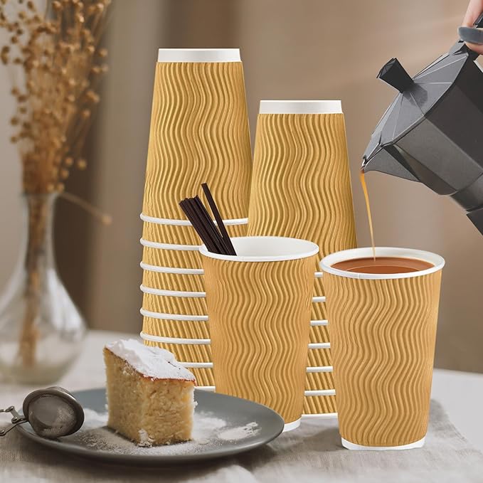 SIUQ 16 oz Coffee Cups-90 Pack Disposable Coffee Cups with Lids and Straws, Insulated Ripple Wall To Go Paper Coffee Cup for Coffee, Juice, Hot Chocolate and Hot Tea Drinks - Champagne