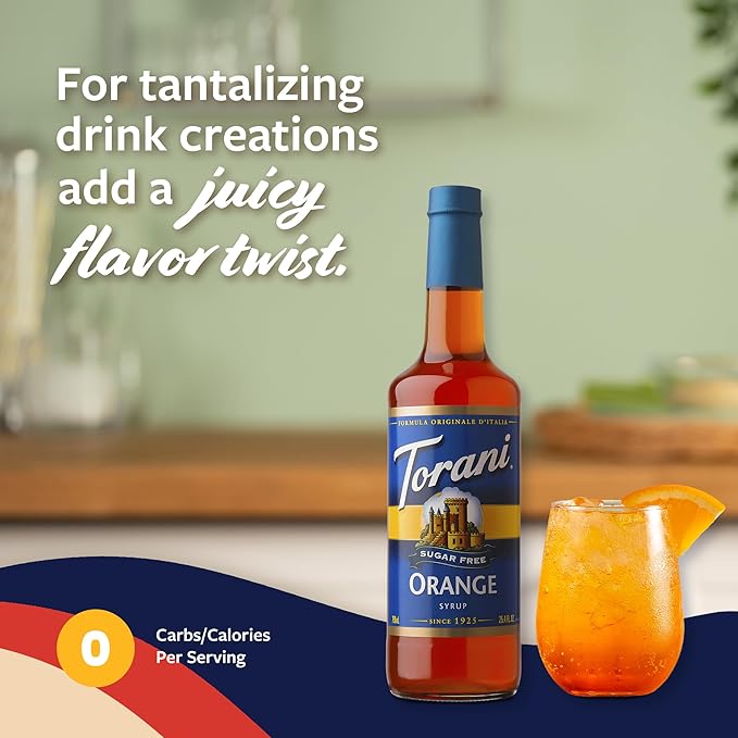 Torani Sugar Free Syrup, Orange Flavoring for Drinks, Zero Calorie, Glass Bottle with Pump Included, 25.4 Fl Oz