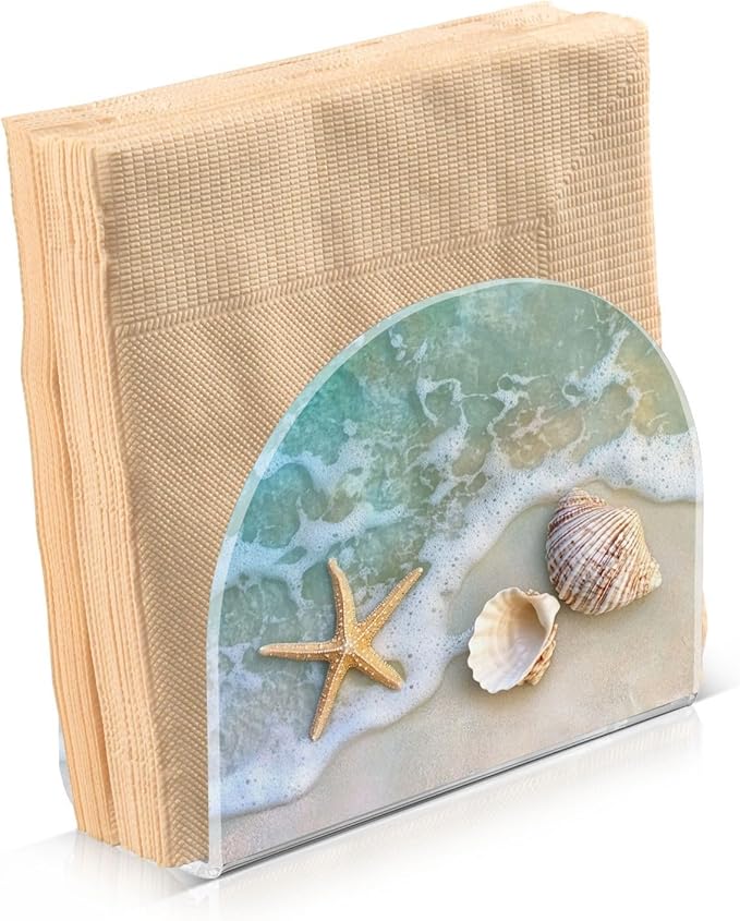 Napkin Holder Acrylic Napkin Holders for Table, Tissue Paper Cocktail Napkin Holder for Kitchen Dinner Napkins Dispenser for Bar Accessories, Blue Beach 1 Pack
