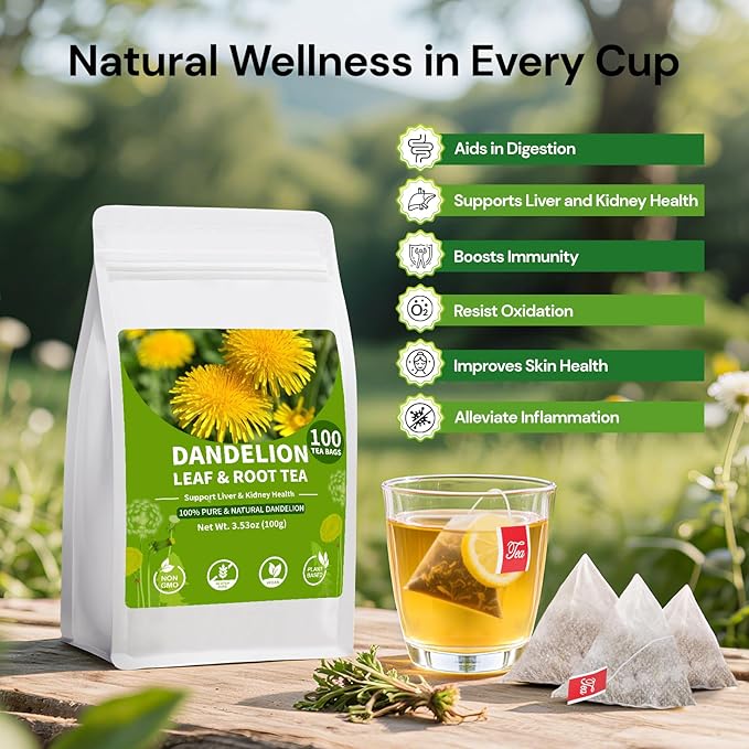 Dandelion Leaf and Root Tea bags, Natural Chinese Detox Herbal Tea Support Liver & Kidney Health and Aid Digestion Caffeine Free (1 Pack/100 Bags)