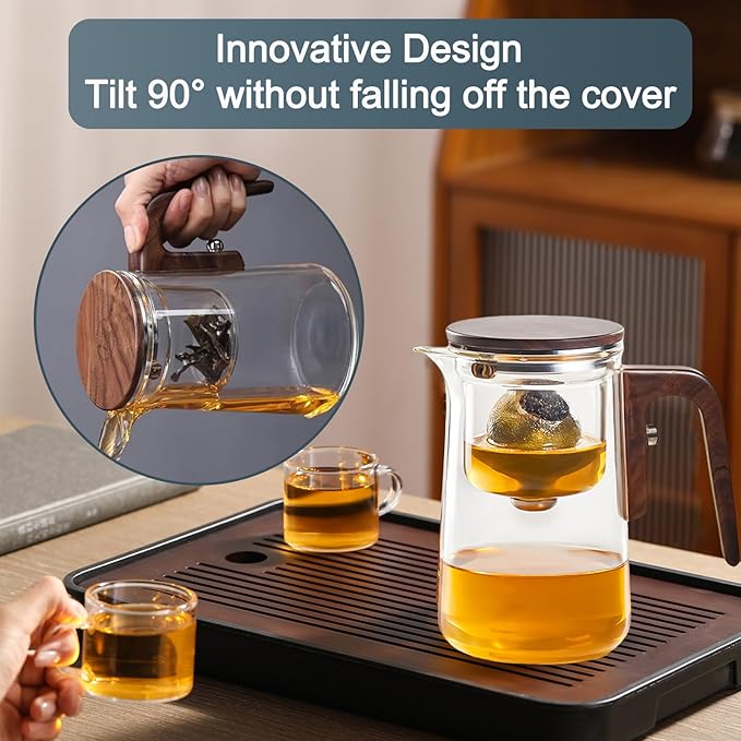 Enchanti Tea Pot, Witchcraft Magical Enchanted Glass Teapot with Strainer, Magnetic Filtration Pot with Handle, for Home, Gifting, Outdoor and Office (Solid Wooden handle 800)