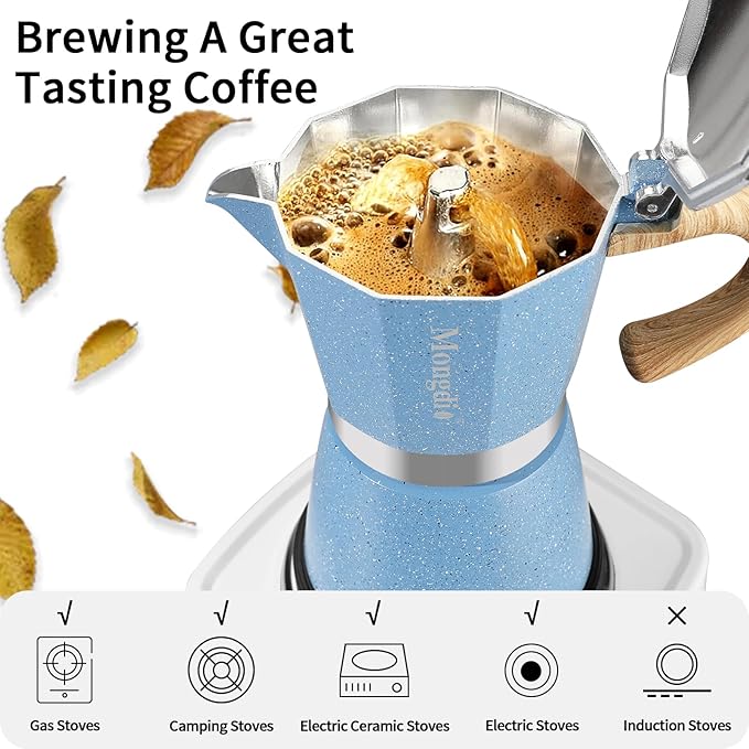 Mongdio Stovetop Espresso Maker Moka Pot, Cuban Coffee Maker Stove top coffee maker Moka Italian Espresso Greca Coffee Maker Brewer Percolator, 12 Espresso Cups, 20 oz - Blue