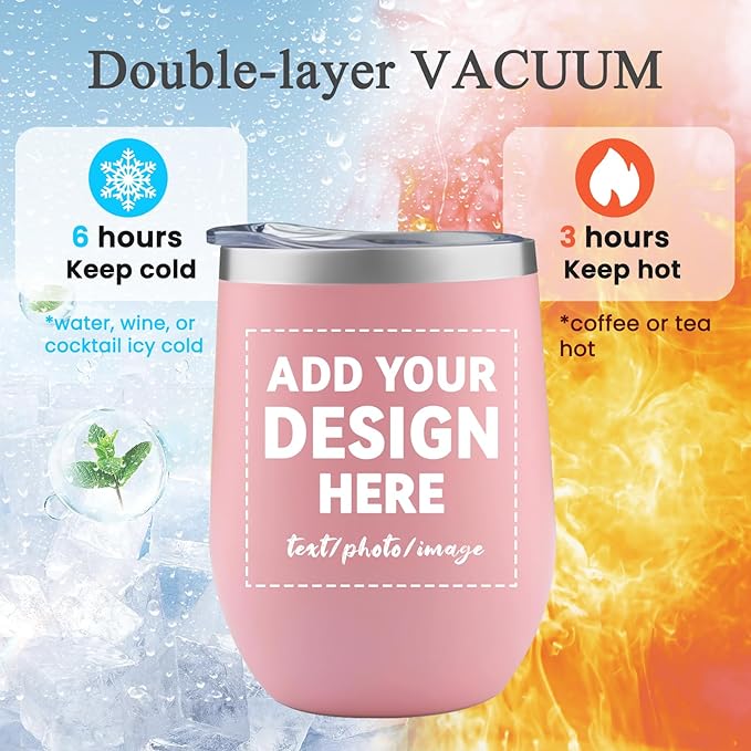 MEWAY Personalized Custom 12oz Wine Tumbler with Lid, Insulated Double Wall Vacuum Travel Tumbler Gifts with Text Photo Logo (Pink, 1pack)