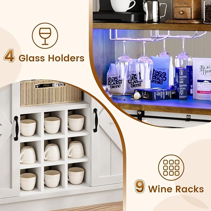 4ever2buy Farmhouse Coffee Bar with LED Lights, 47 inch Coffee Bar Cabinet with Storage, Wine Bar Cabinet with Wine and Glass Rack for Living, Dining Room, White