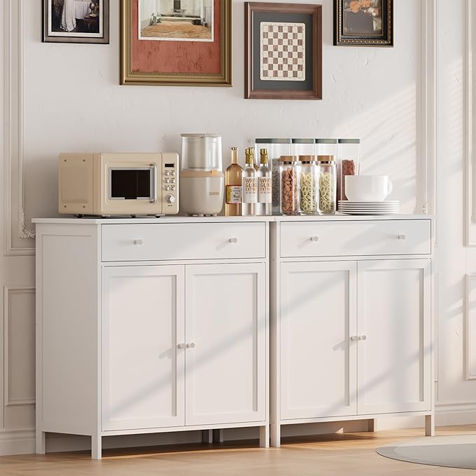 Crownland 31" Sideboard Buffet Cabinet with Drawer, 2-Door Kitchen Storage Cabinet with Adjustable Shelves, Modern Farmhouse Sideboard, Coffee Bar for Dining Living Room(White)