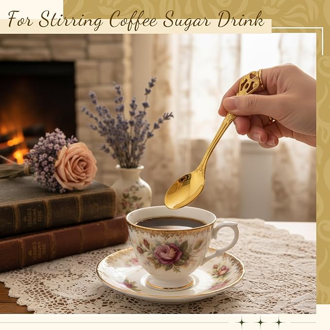 Dandat 20 Pcs 4.9" Gold Luxury Teaspoons Stainless Steel Gorgeous Tea Party Spoons Dessert Spoons for Stirring Coffee Sugar Drink Kitchen Cafe Bar Wedding Tableware, Vintage Style