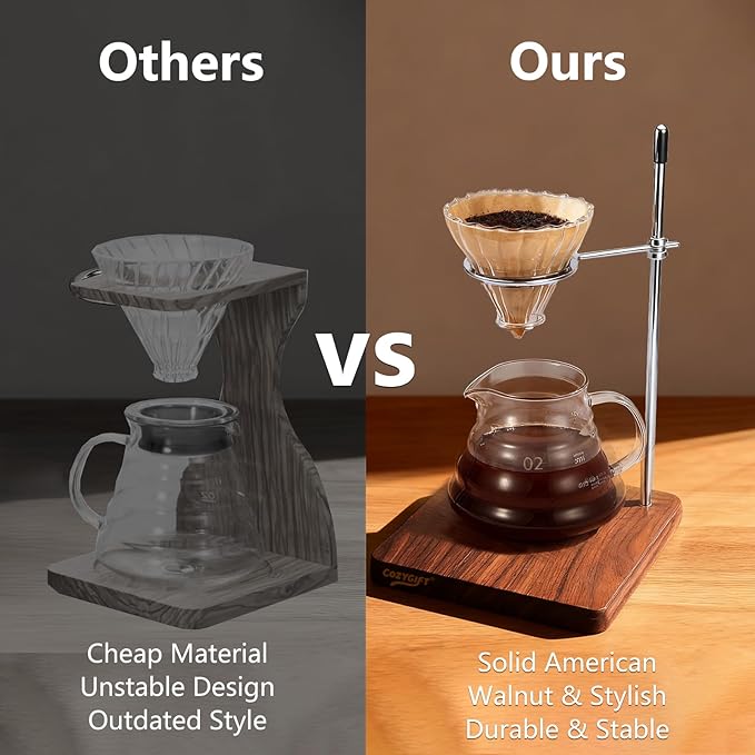 Pour Over Coffee Stand, North American Black Walnut Base with Stainless Steel Single-Arm Ring, Rotating Dripper Stand Fits 1-2 Cup V60 Brewers, Mugs and Carafes for Home Coffee Bar Setup