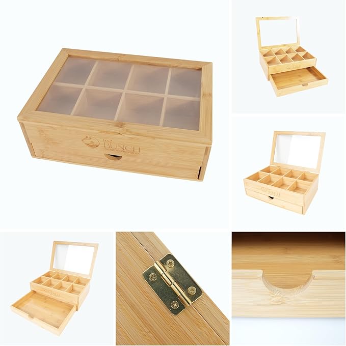 Bamboo Tea Bag Organizer – 8 Compartments, Drawer, Magnetic Lid, Premium Gift for Tea Lovers, Eco Kitchen Storage Box, Clear Window, Pantry Organizers And Storage (Organizer Only)