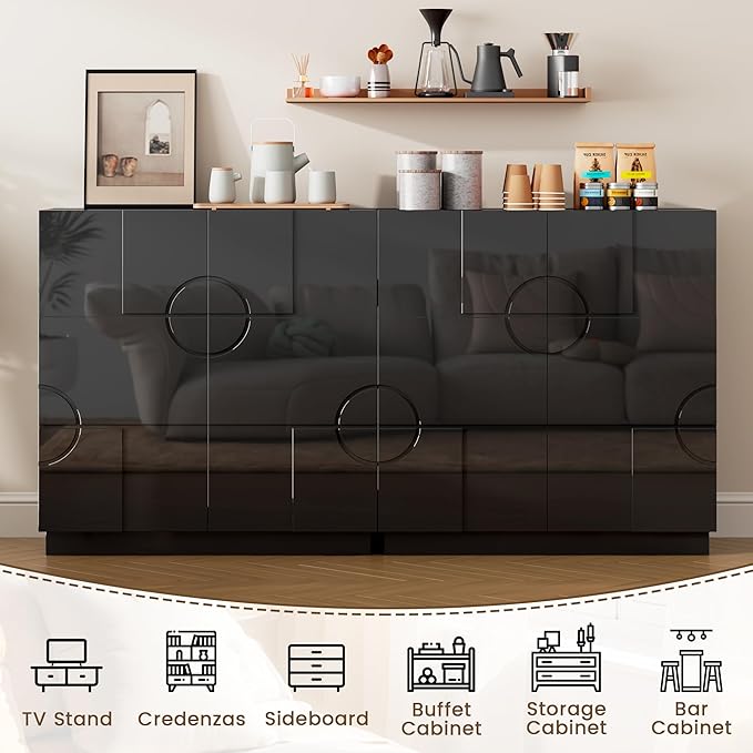 LVSOMT Sideboard Buffet Cabinet with Storage, Modern Accent Credenza with Doors and Adjustable Shelve, 33" Wood Coffee Bar Cabinet for Kitchen, Entryway, Dining Room, High Gloss Black