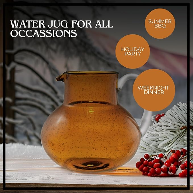 Artland Iris 90 Oz Handblown Glass Pitcher - Bubble Shape, Lead-Free - Versatile Drink Dispenser for Water, Juice, Cocktails - Enhanced Kitchen Decor, Dishwasher Safe (Amber)