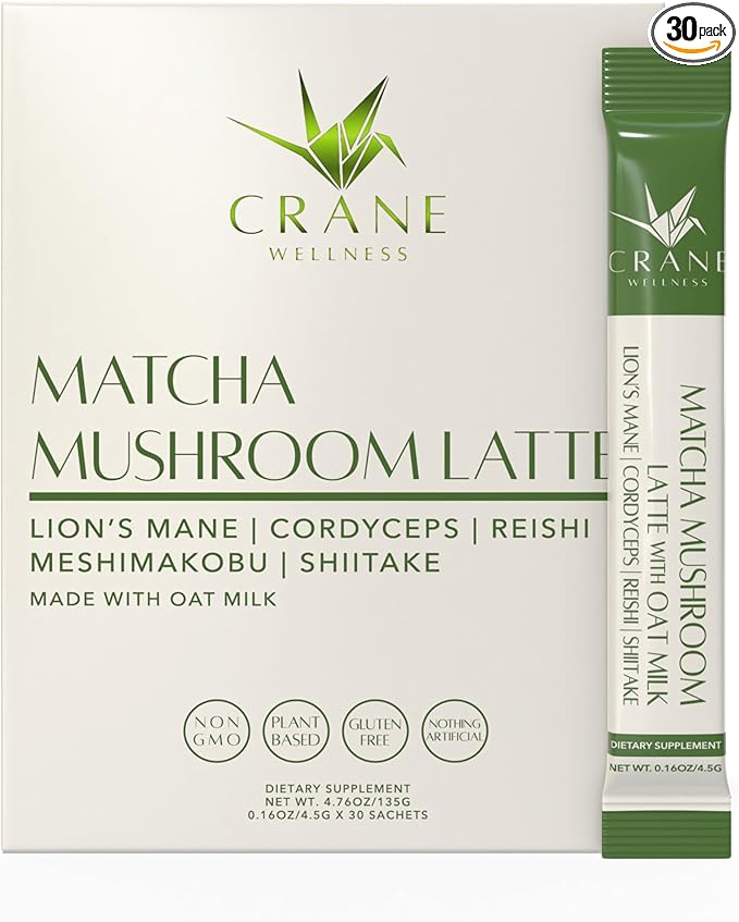 Matcha Mushroom Latte Mix with Adaptogens, 30 Sachets, Oat Milk, Plant Based for Focus and Clarity
