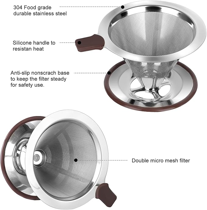 Pour Over Coffee Dripper, Reusable Paperless Coffee Filter,Professional Stainless Steel Drip Cone Brew Coffee Strainer,Upgraded Double Micro Mesh Filter with Cup Stand,1-4 Cup