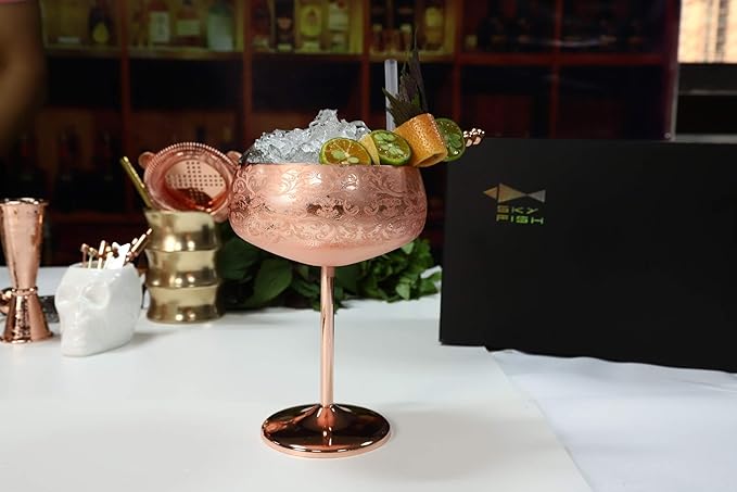 Sky Fish 14 oz Etching Martini Cocktail Glasse,Copper Plated Stainless Steel,Set Of 2 With 2 Cocktail Picks