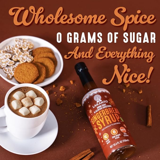 Lakanto Gingerbread Simple Syrup - Perfect for Coffee, Tea, Lattes, Smoothies, Cocktails, Baking & Holiday Drinks, Monk Fruit Sweetener with Allulose Zero Sugar, Keto Diabetic Friendly (25.4 Fl Oz)
