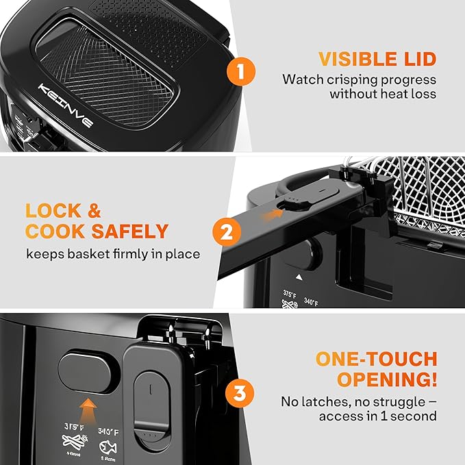 1500W Electric Deep Fryer with Adjustable Temperature Control, 2.5L Non-Stick Basket & Viewing Window, Folding Handle and Locking Cover for Easy Storage, Black