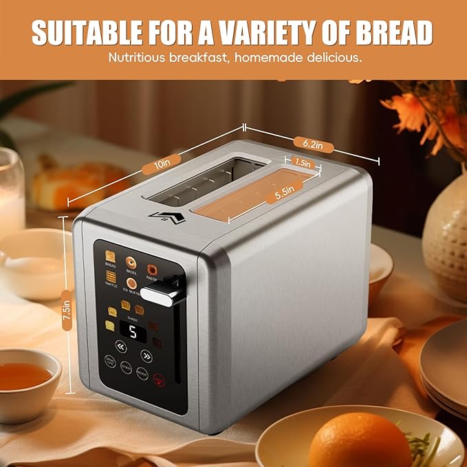 2 Slice Toaster,Touchscreen & Dual Independent Control Panel,5 Basic Functions & Digital Countdown Toasters,6 Shade Settings＆6 Bread Types,Smart Bread Maker Mute/Screen-Off,Platinum