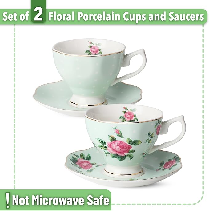 BTaT- Floral Tea Cups and Saucers, Set of 2, 8oz, Coffee Cups with Gold Trim, British Tea Cups
