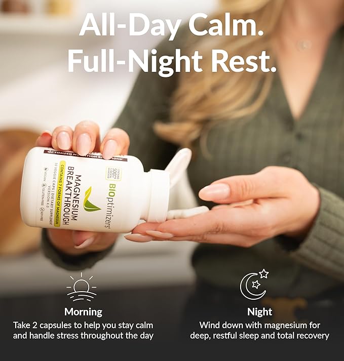 BIOptimizers Magnesium Breakthrough Supplement with 500mg - 7 Forms of Magnesium: Glycinate, Malate, Citrate, and More - Natural Support for Sleep and Cognitive Function -90 Capsules- Calming Vitamins