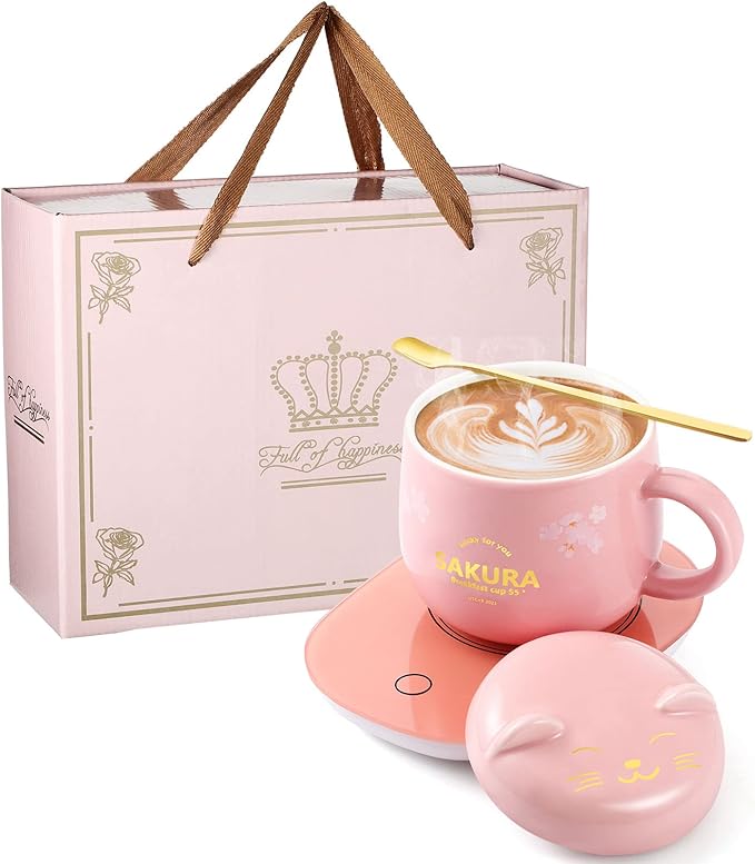 Honeydak Coffee Mug Warmer Cute Cat Mug Set Cup Warmer for Desk for Women Heated Coffee Warmer for Mom Home Office Christmas Birthday Gifts(Pink)