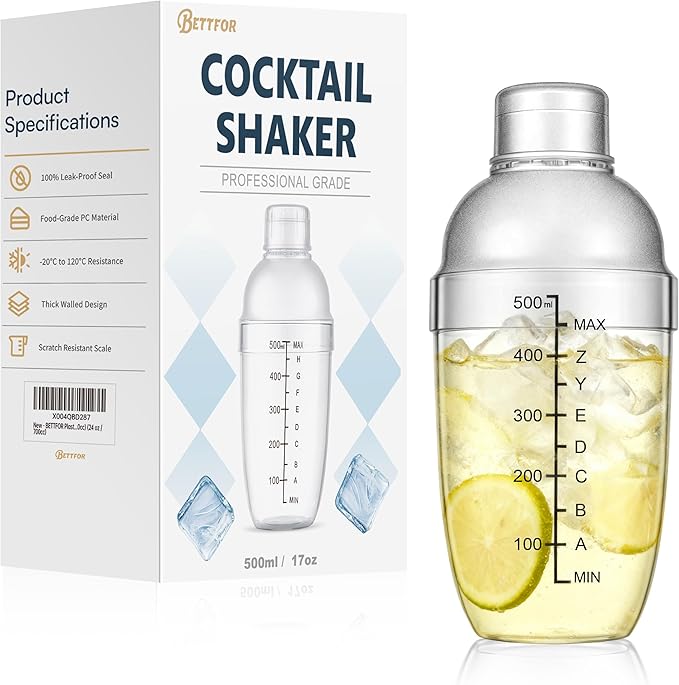 Plastic Cocktail Shaker with Measuring Scale 17oz (500ml), Leak-Proof & Shatter-Resistant Drink Mixer for Bartending, Protein Shakes, Iced Coffee & Milk Tea