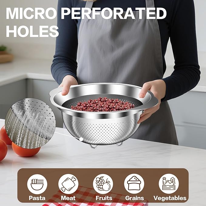 Stainless Steel Colander for Kitchen, Stainless Steel Strainer, Pasta Strainer for Spaghetti Fruit Vegetable Cooking Food, 3 Pcs Strainers and Colanders(2QT, 3QT, 5QT), Dishwasher Safe, Christmas Gift