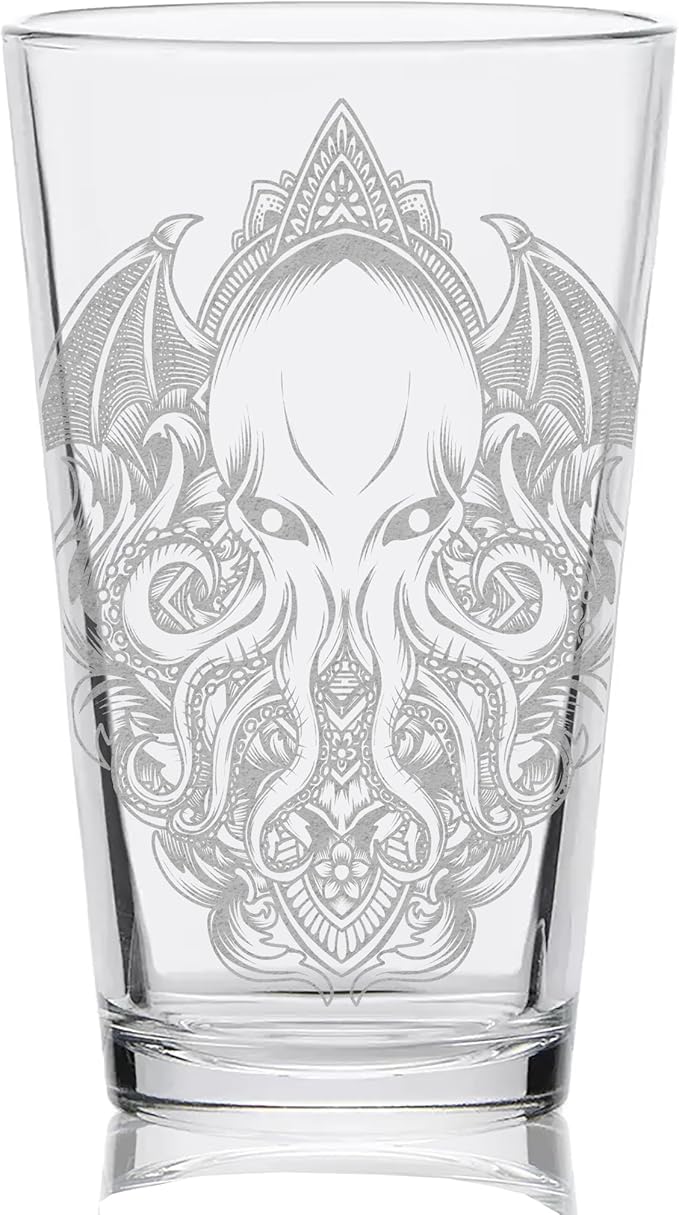 CTHULHU Engraved Beer Pint Glass | Wings & Fire Design | Lovecraftian Monster Gift & Decor!