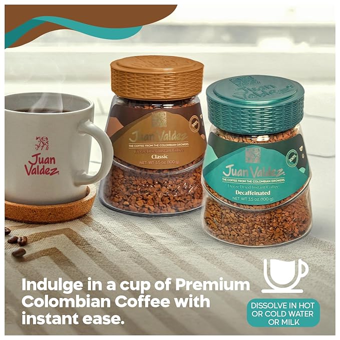 Juan Valdez Freeze-Dried Instant Coffee Bundle - Regular & Decaffeinated | 100% Colombian Arabica Beans | Smooth & Rich Taste - Premium Colombian Coffee | 2 Jars - 3.5 oz (100 g) Each