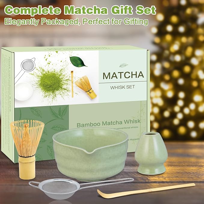 Matcha Whisk Set, Premium Ceramic Bowl with Spout, Bamboo Whisk, Chasen Holder, Sifter, Scoop, Complete Tea Making Kit for Matcha Lovers Christmas, Beginner Starter Set Matcha Tea Gift Green