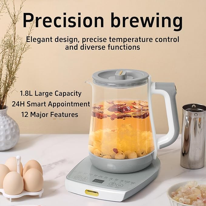 Health pot, Office, Household, Electric Kettle with Infuser, Temperature Control,12 Functional Procedures for Fruit, Flower Tea & Coffee, Glass Large 1.8 Liters of Capacity，Grey
