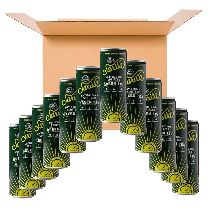 Sarilla Nonalcoholic Green Tea Spritzer – Lightly Sparkling Real Brewed Organic Green Tea with Hibiscus, Plant-Based Caffeine, Zero Calories, 12-Pack