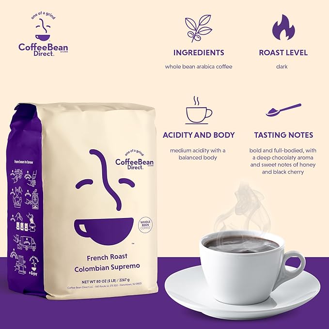 Coffee Bean Direct French Roast Colombian Supremo, Whole Bean Coffee, Dark Roast, 5 Pound Bag (Pack of 1)