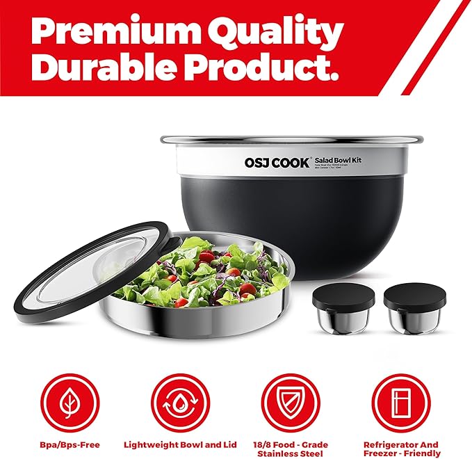 18/8 Stainless Steel Salad Bowl Kit - 74oz, Mixing Bowls with Lids Set, Teakwood - Comes with 1.7oz Condiment Container and Removable Tray for Organization - Leak-Proof, Dishwasher Safe (Black)