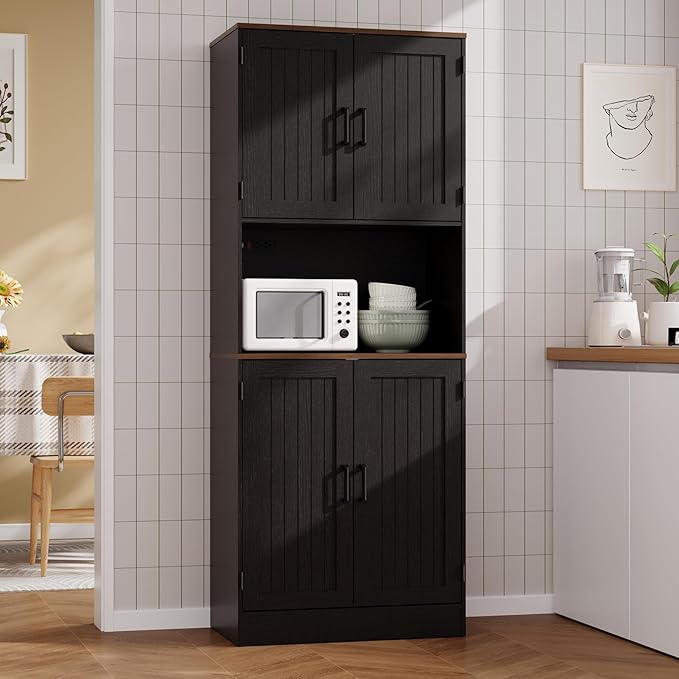 MHOM 71" Tall Pantry Cabinet with Charging Station, Farmhouse Kitchen Hutch with Adjustable Shelves, Modern Kitchen Pantry Storage Cabinet for Dinning Room & Living Room, Antique Black