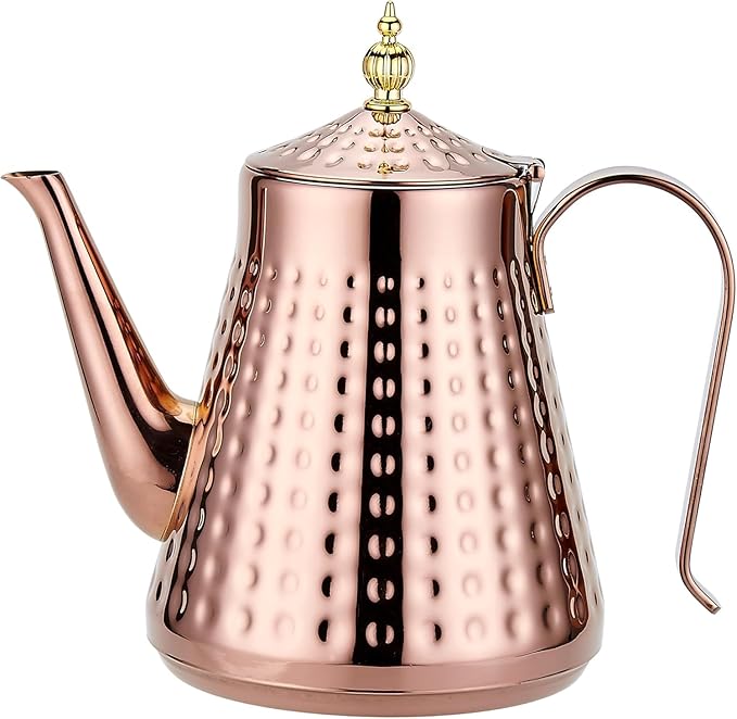 SANQIAHOME 1.6L(54oz) Stainless Steel Hammer Patterned Teapot With Removeable Infuser,Loose leaf cover,Copper
