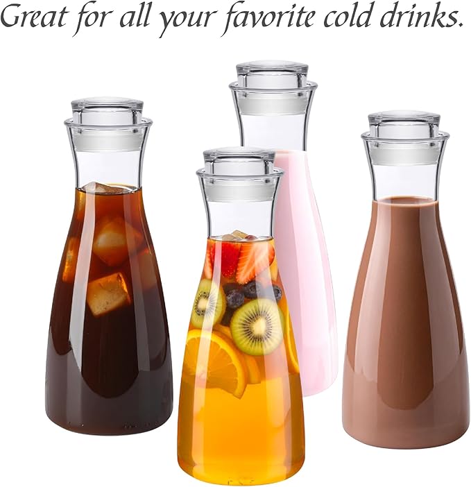 Amazing Abby - Cara - 4-Pack Acrylic Carafe (36 oz), Plastic Carafe with Lid, Fridge Jug, Round, Clear, BPA-Free, Shatter-Proof, Great for Iced Tea, Sangria, Lemonade, Juice, Milk, and More