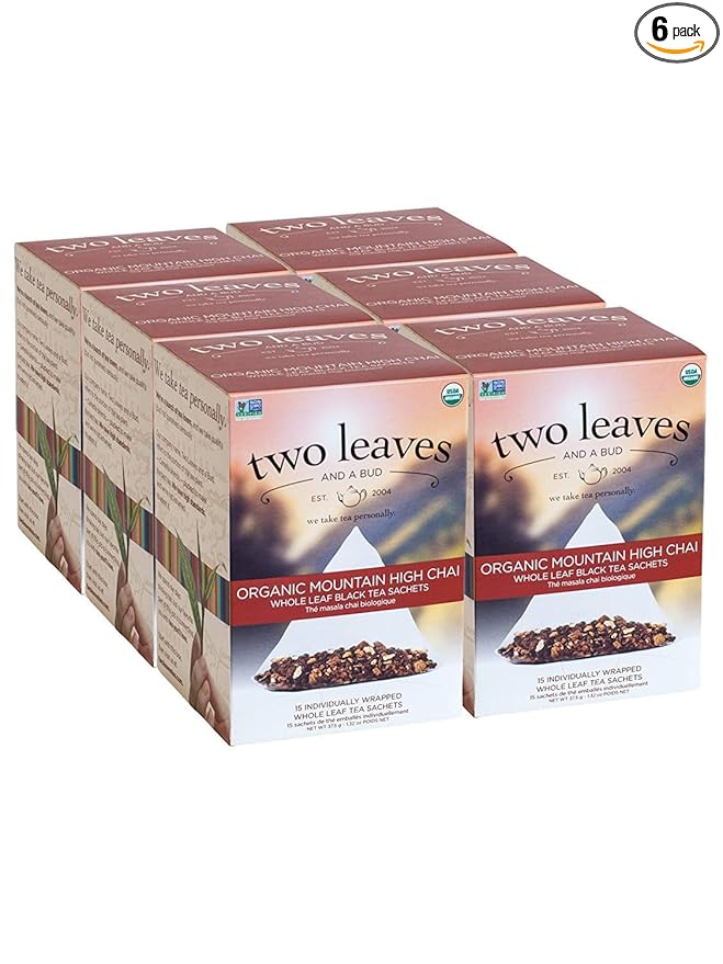 Two Leaves and a Bud Organic Mountain High Chai Tea Bags, Whole Leaf Black Tea and Spices in Compostable Sachets, 15 Count (Pack of 6)