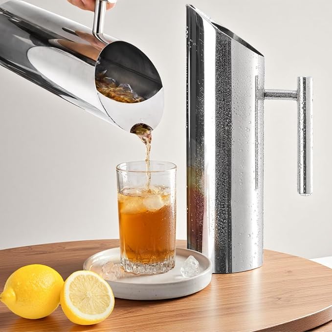 53oz/1.5L Stainless Steel Water Pitcher, Modern Metal Kettle with Ice Guard, Silver Carafe Drink Pitcher with Handle, Straight Bottle Beverage Container for Iced/Hot Tea, Juice, Coffee, Milk