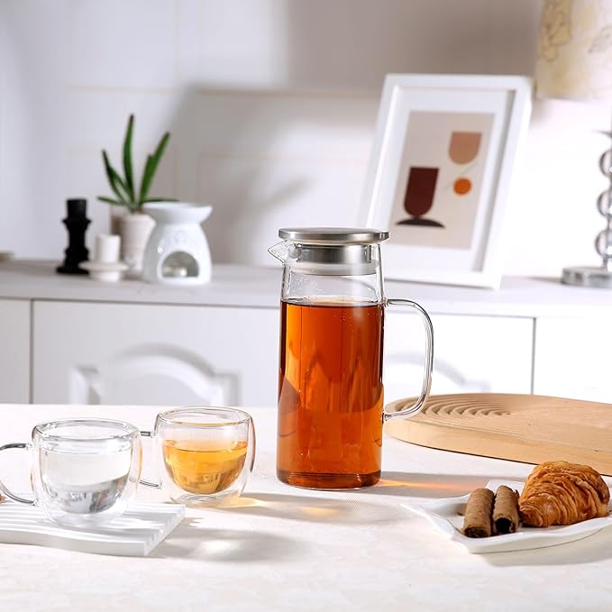 Glass Pitcher With Lid and Spout - Iced Tea and Beverage Pitcher for Fridge, Small Water Jug 1000ml/34oz