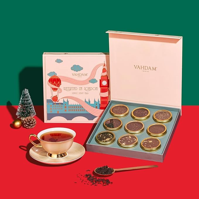 VAHDAM, Weekend in London Christmas Tea Gift Set - 9 Loose Teas | Tin Caddy Travel Edition Gift Box | Christmas 2025 Gift Ideas for Women & Men | Gluten Free, Non GMO