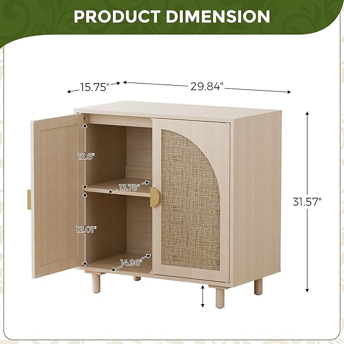 Rattan Sideboard Cabinet with Doors and Adjustable Shelves, Boho Entryway Cabinet, Wood Storage Cabinet for Living Room, Kitchen, Entryway (Beige)