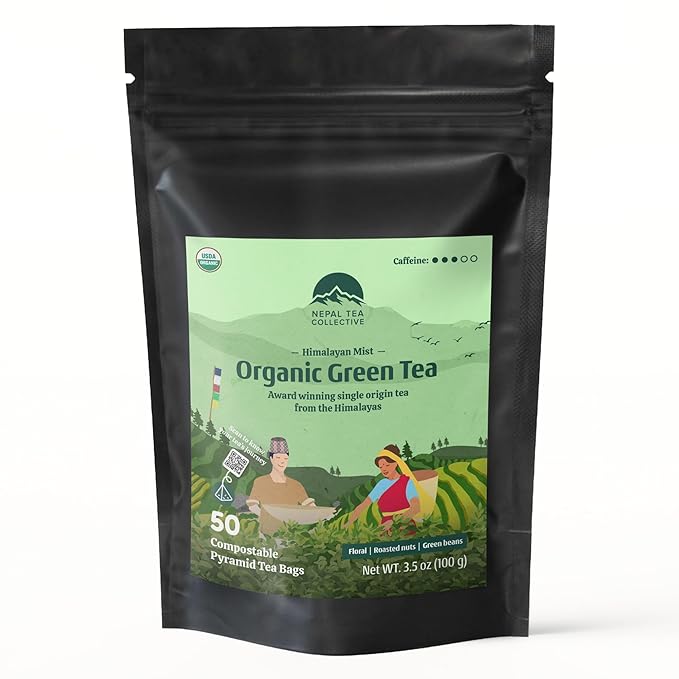 NEPAL TEA Organic Green Tea Bags from the Himalayas - 50 Pyramid Tea Bags, Single Origin from a Family Farm - Green Tea Bags with Loose Leaf Tea Inside (Himalayan Mist)